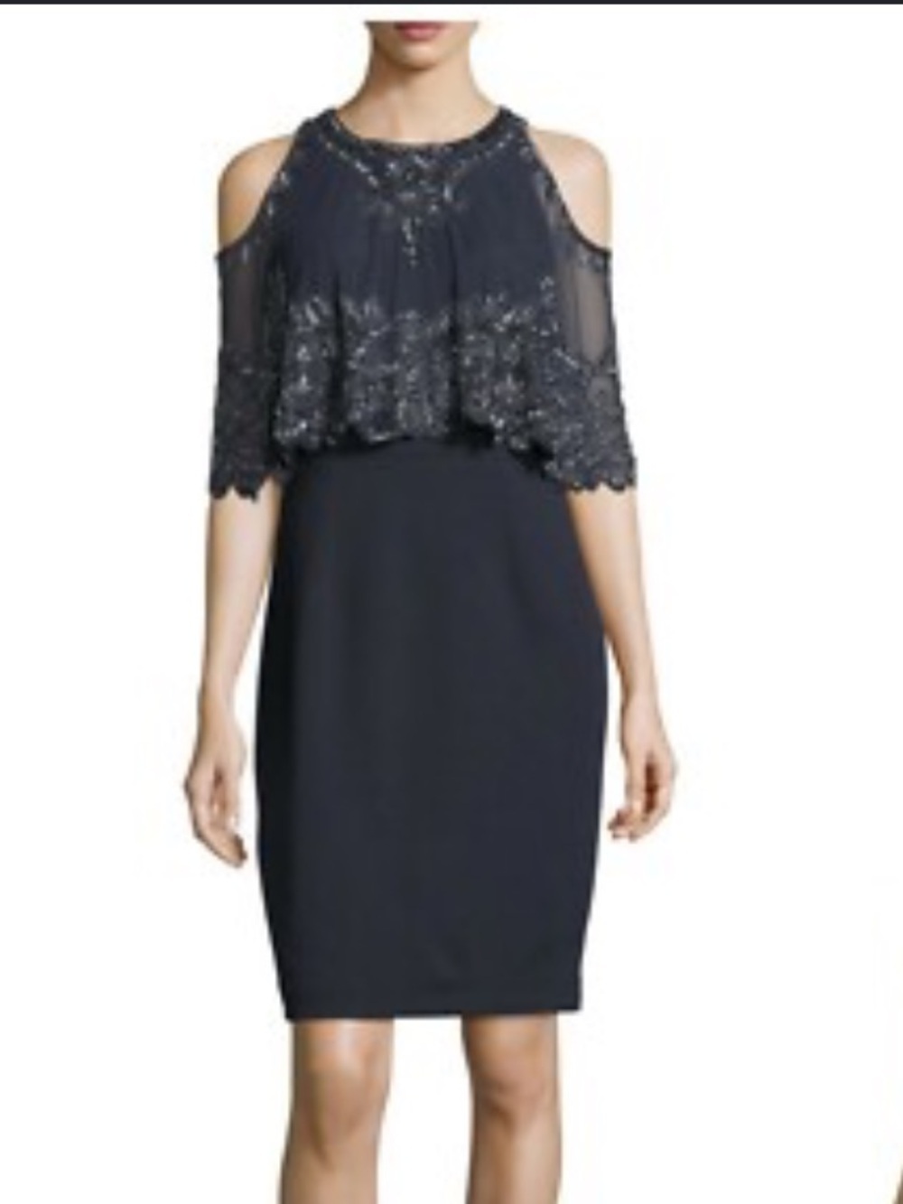 Aiden Mattox Twilight Beaded Capelet Formal Wedding Guest Sheath Dress - Navy 4